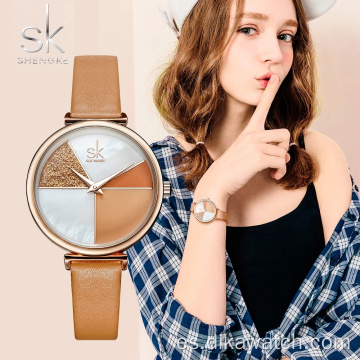 SK 0109 Dial de cuero Relojes para mujer Movimiento de cuarzo japonés Correa de hebilla ultradelgada Reloj impermeable Reloj para mujer